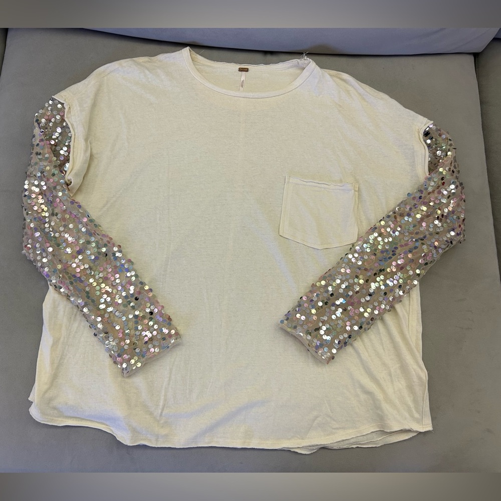 Free People Celine Sequin Sleeve T-Shirt Shirt Small Cream